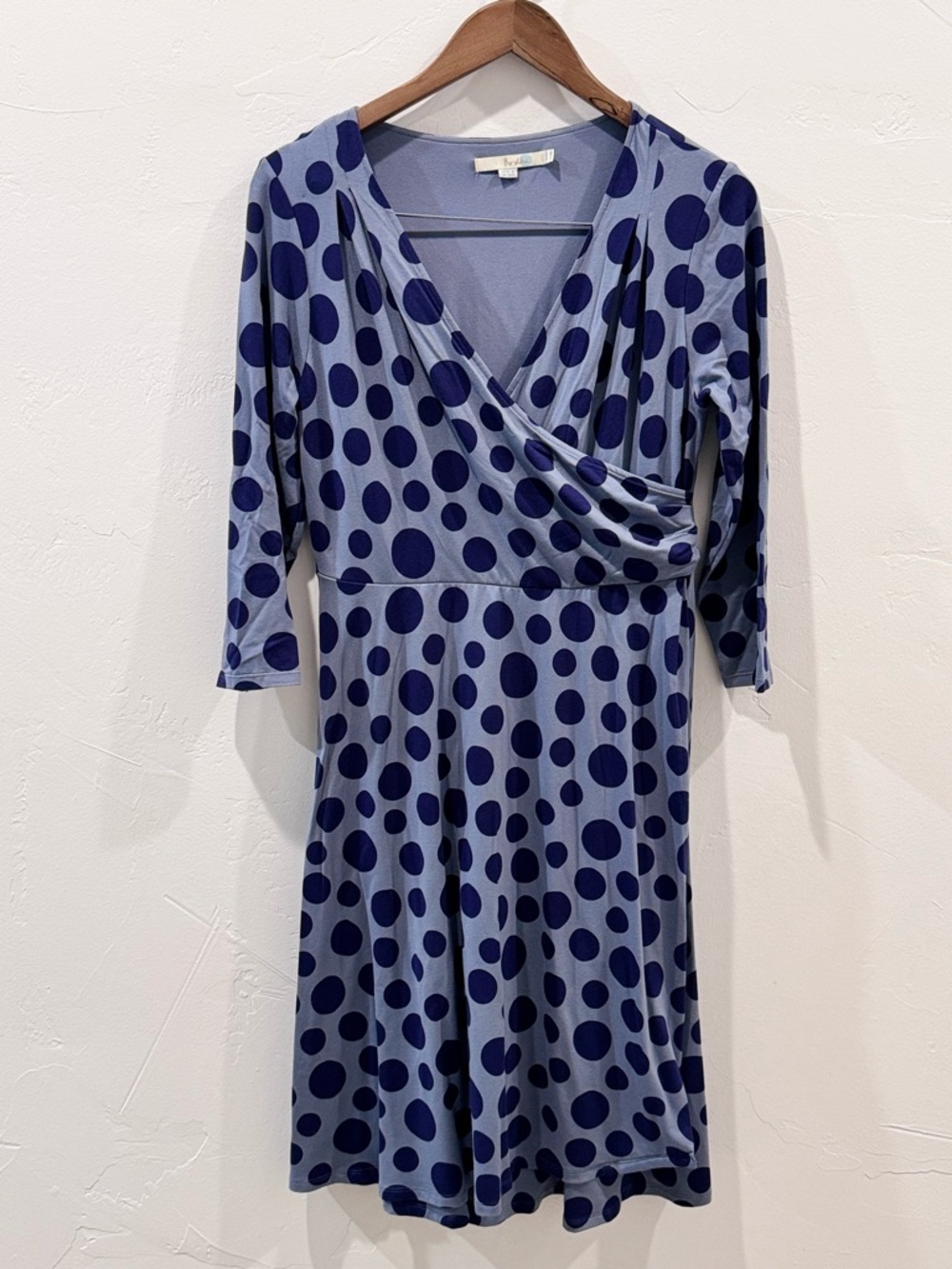 Boden Blue and Navy Polka Dot Wrap-Style Midi Dress 3/4 Sleeve Size 10R